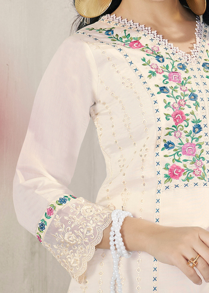 White Embellished Flora Silk Palazzo Suit