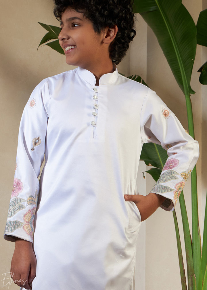 White Embroidered Jacket With Satin Kurta Pajama
