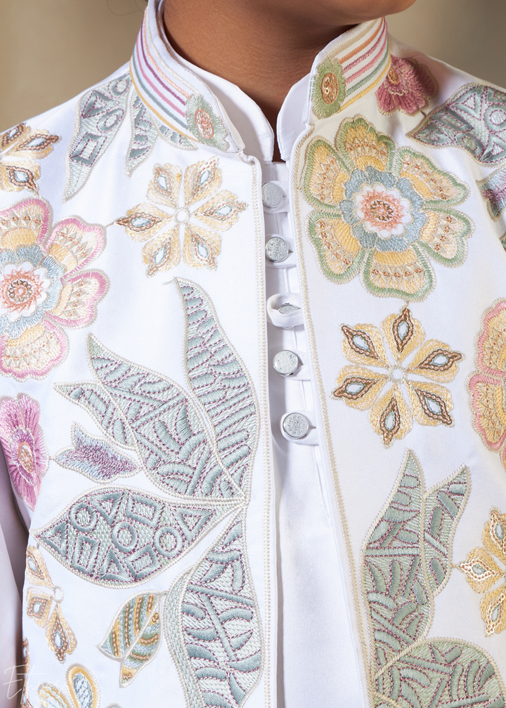 White Embroidered Jacket With Satin Kurta Pajama
