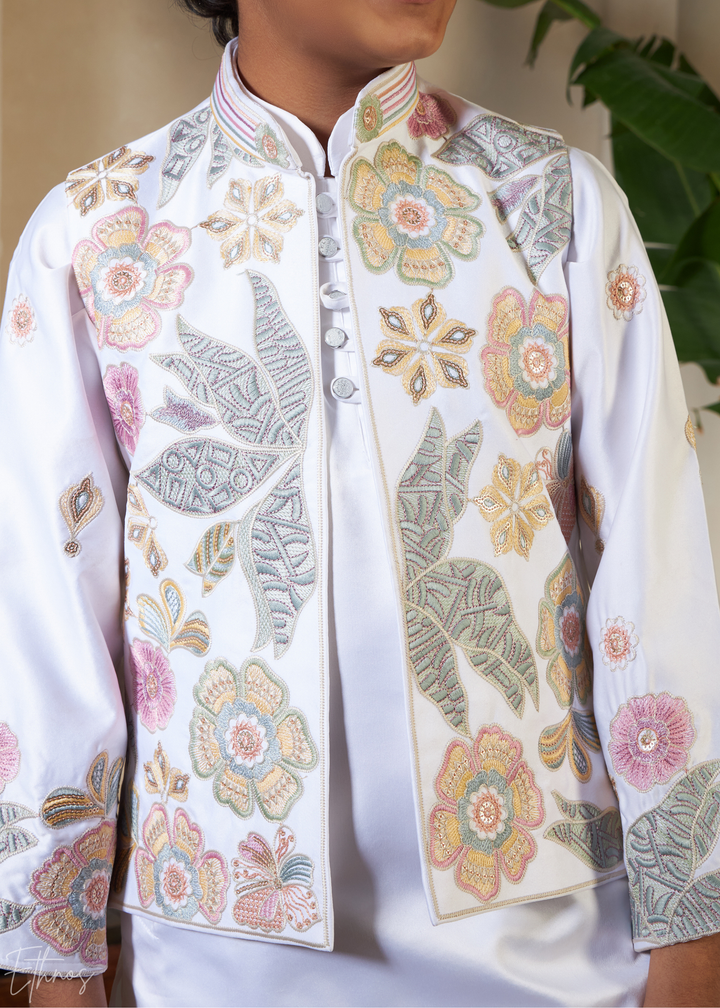 White Embroidered Jacket With Satin Kurta Pajama
