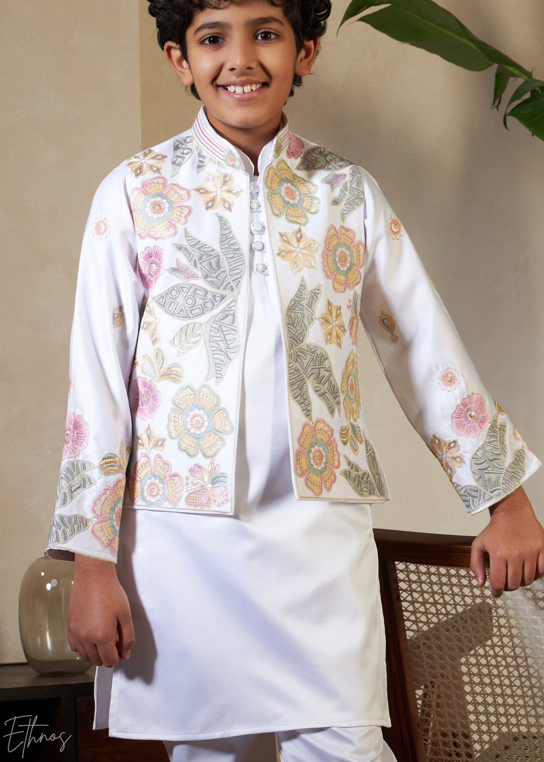 White Embroidered Jacket With Satin Kurta Pajama