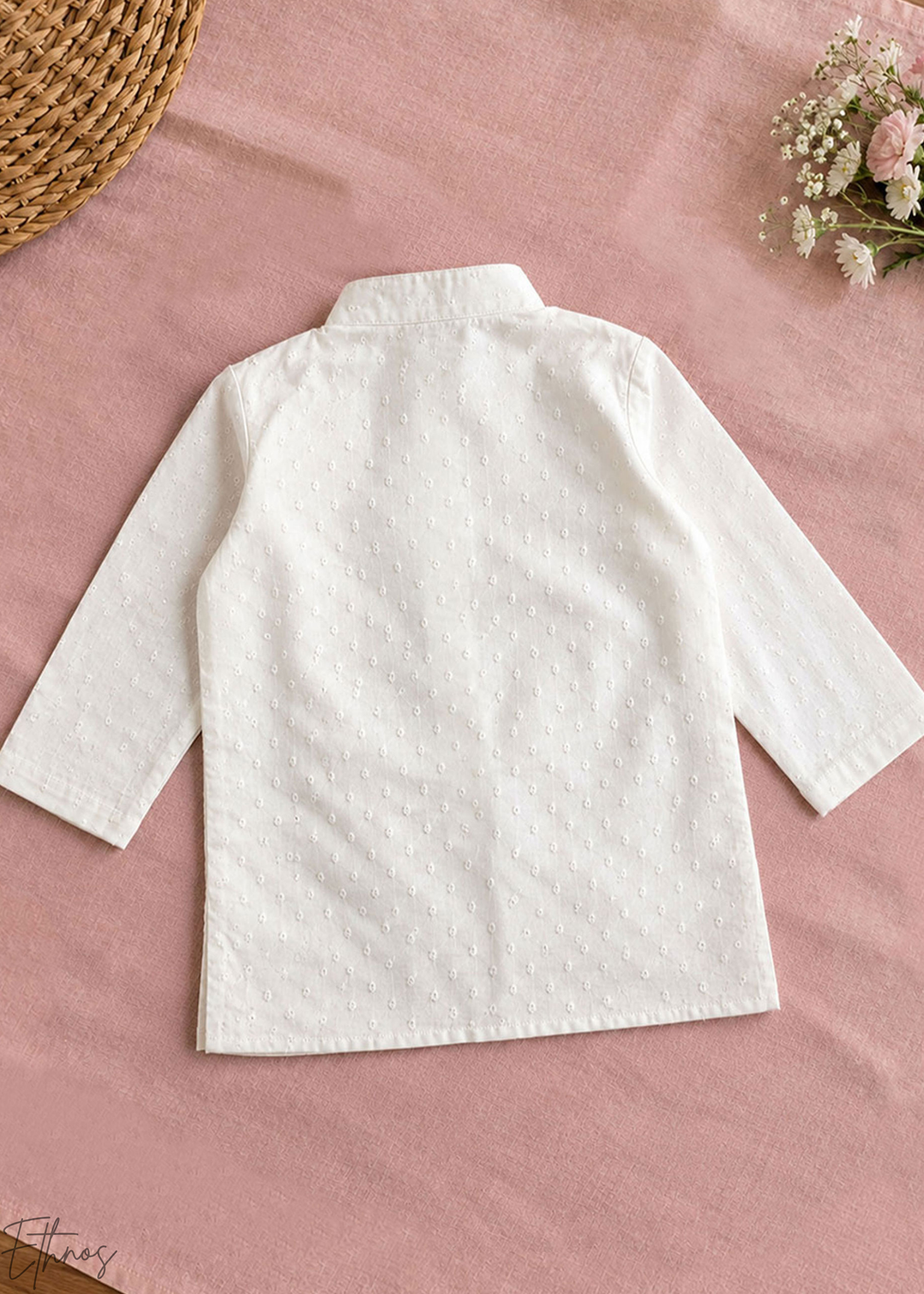 White Floral Embroidered Organic Cotton Striped Kurta Pajama Set