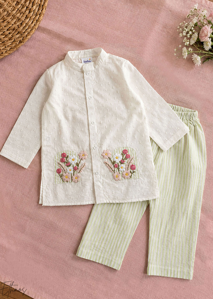 White Floral Embroidered Organic Cotton Striped Kurta Pajama Set