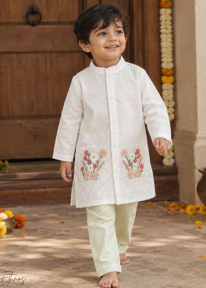 White Floral Embroidered Organic Cotton Striped Kurta Pajama Set