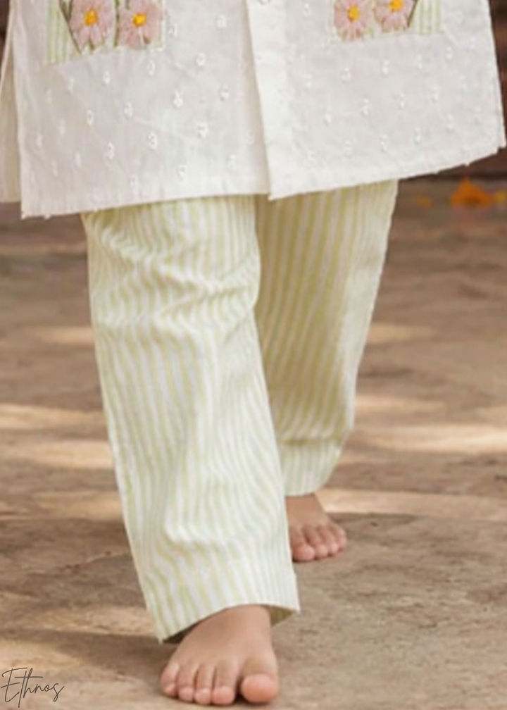 White Floral Embroidered Organic Cotton Striped Kurta Pajama Set