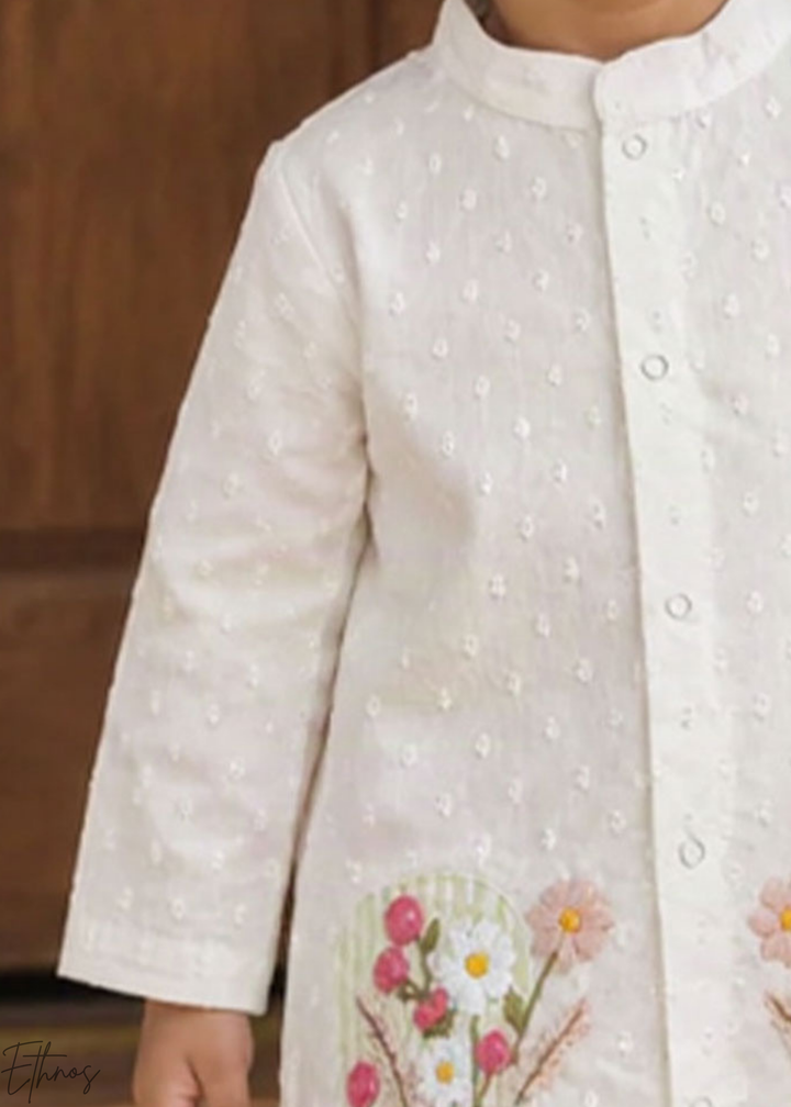 White Floral Embroidered Organic Cotton Striped Kurta Pajama Set