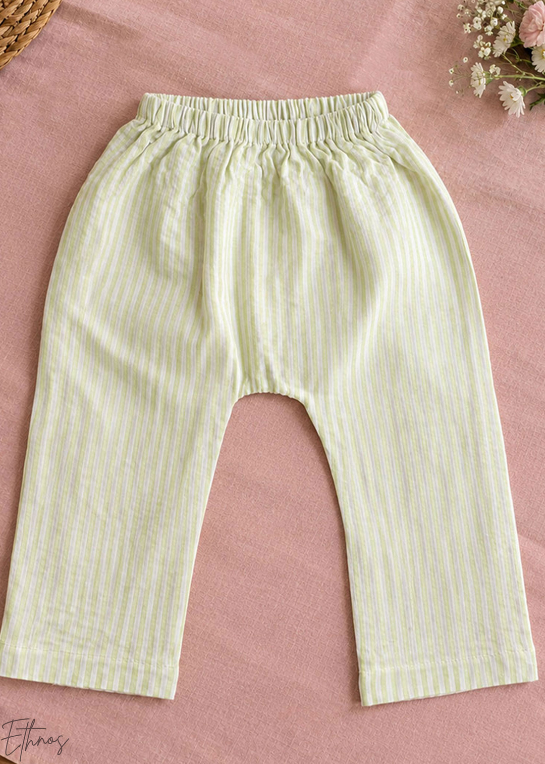 White Floral Embroidered Organic Cotton Striped Kurta Pajama Set