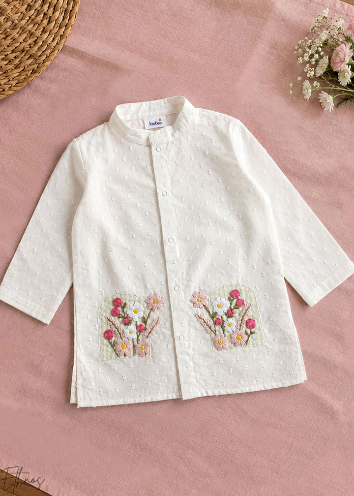 White Floral Embroidered Organic Cotton Striped Kurta Pajama Set