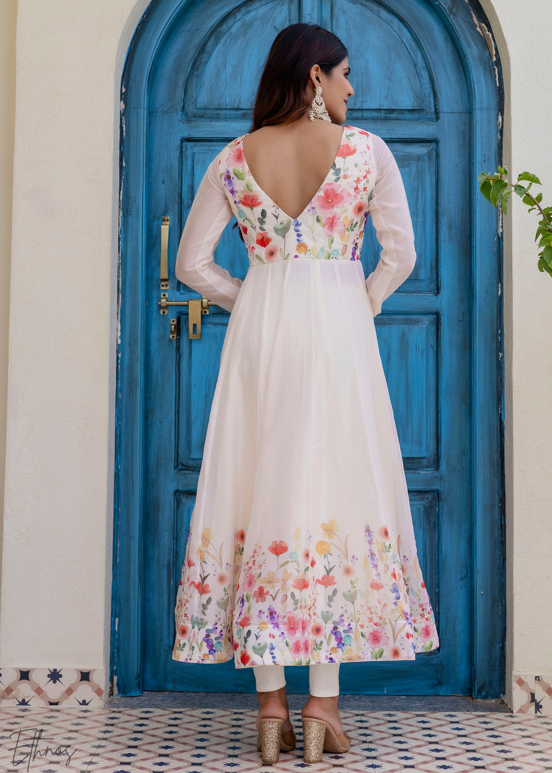 Ivory Floral Printed Cotton Anarkali Suit