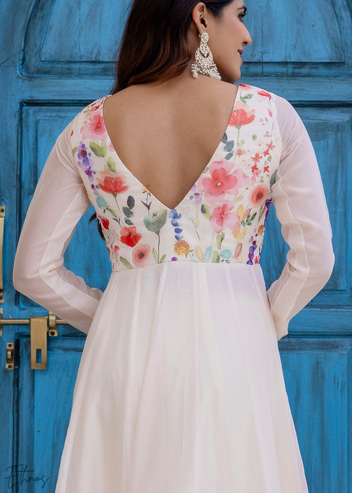 Ivory Floral Printed Cotton Anarkali Suit