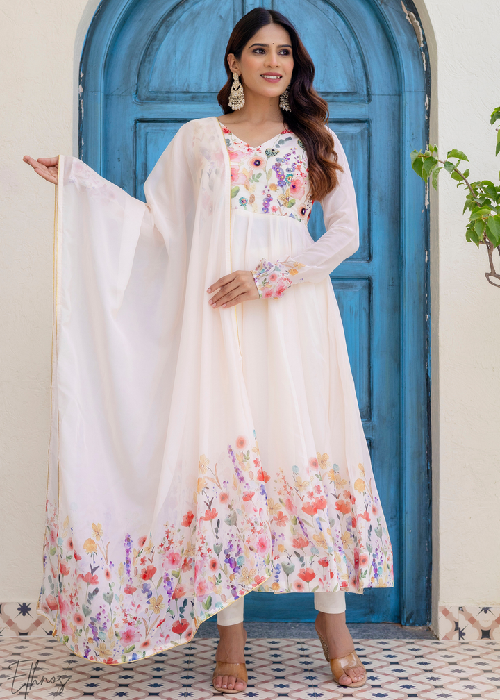 Ivory Floral Printed Cotton Anarkali Suit