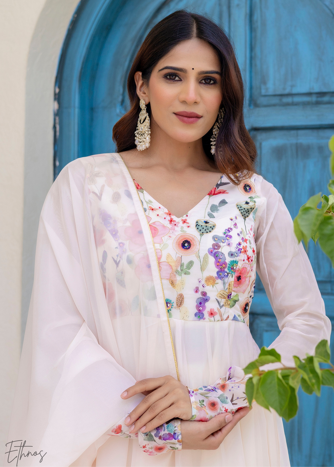 Ivory Floral Printed Cotton Anarkali Suit