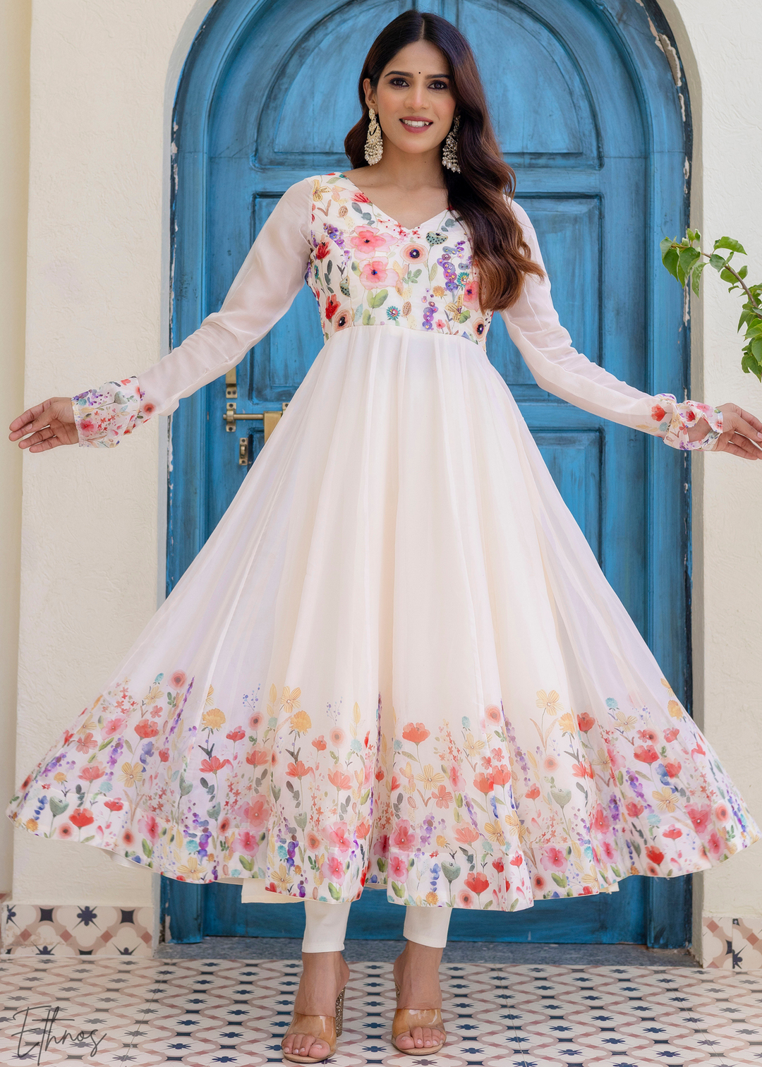 Ivory Floral Printed Cotton Anarkali Suit