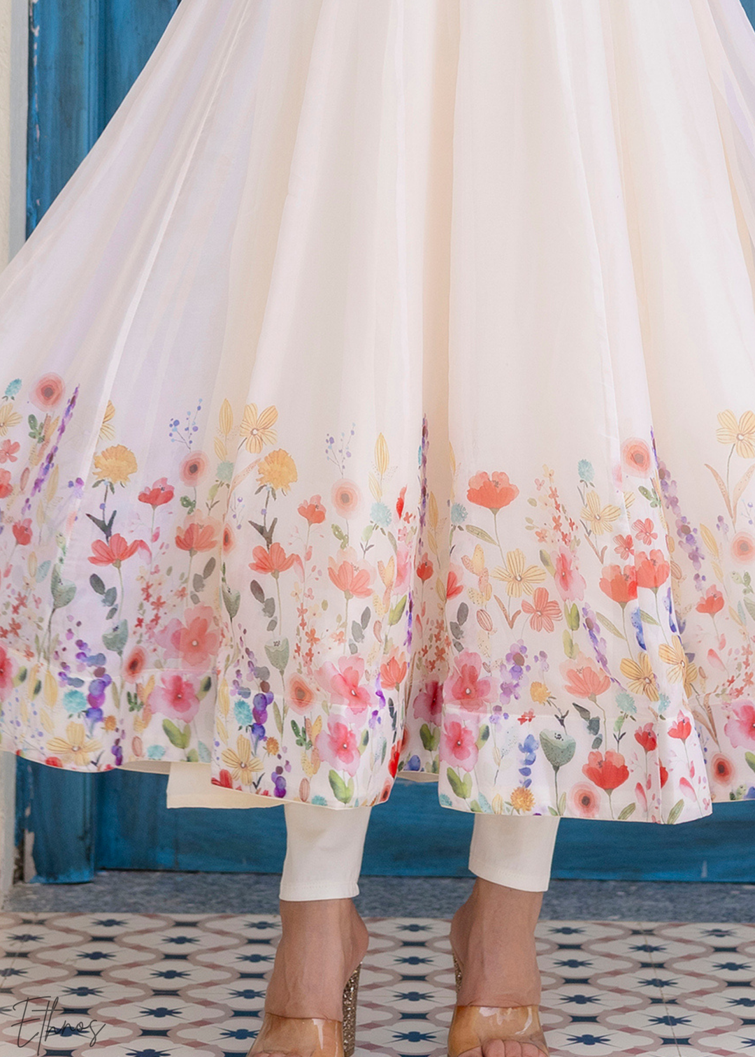 Ivory Floral Printed Cotton Anarkali Suit