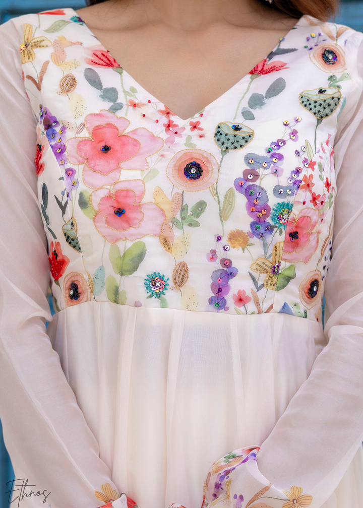 Ivory Floral Printed Cotton Anarkali Suit