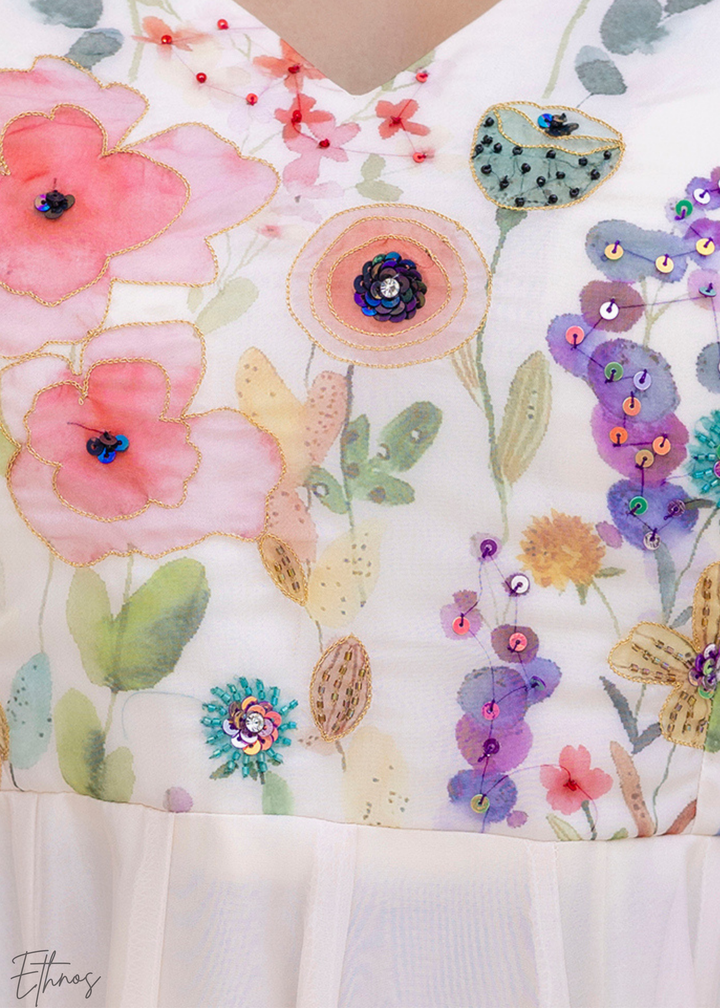 Ivory Floral Printed Cotton Anarkali Suit