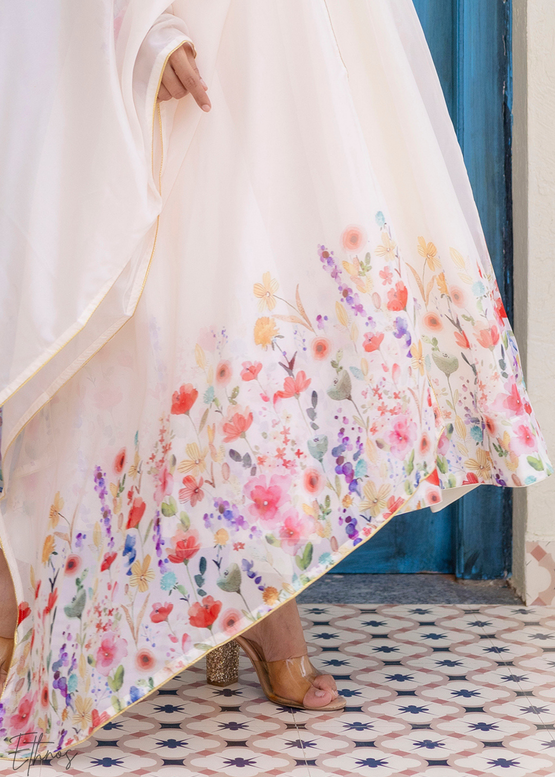 Ivory Floral Printed Cotton Anarkali Suit