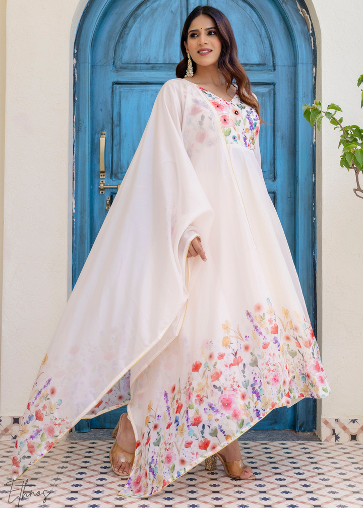 Ivory Floral Printed Cotton Anarkali Suit