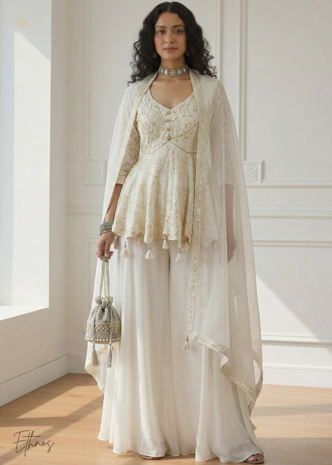 White Georgette Anarkali Palazzo Suit Ethnos White Georgette Anarkali Palazzo Suit Ethnos