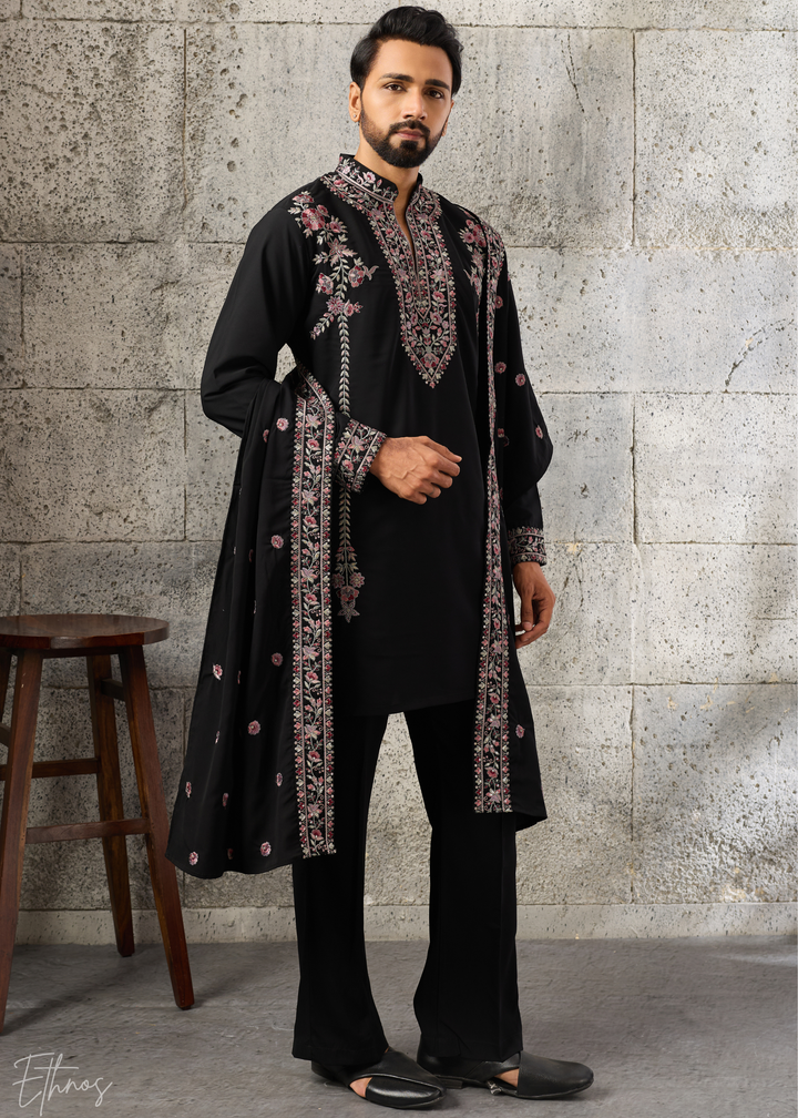Jet Black Heritage-Embroidered Silk Kurta Traditional Scarf Set