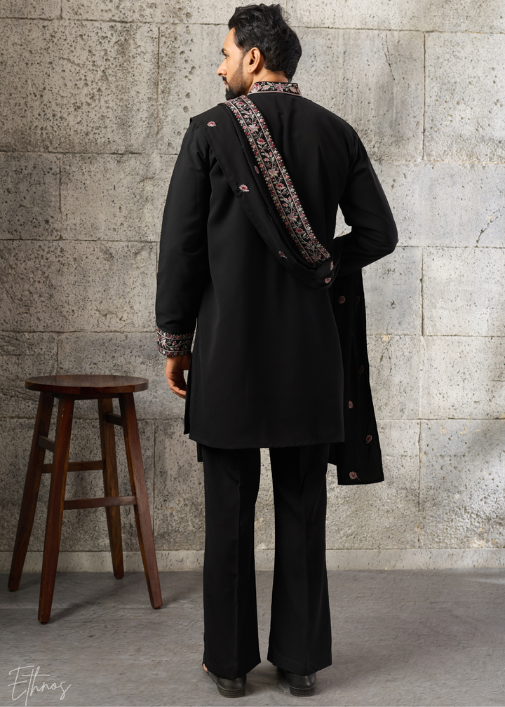 Jet Black Heritage-Embroidered Silk Kurta Traditional Scarf Set