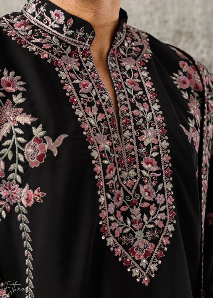 Jet Black Heritage-Embroidered Silk Kurta Traditional Scarf Set