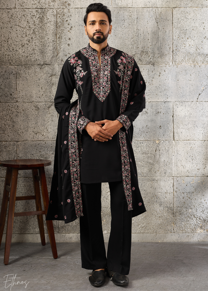 Jet Black Heritage-Embroidered Silk Kurta Traditional Scarf Set