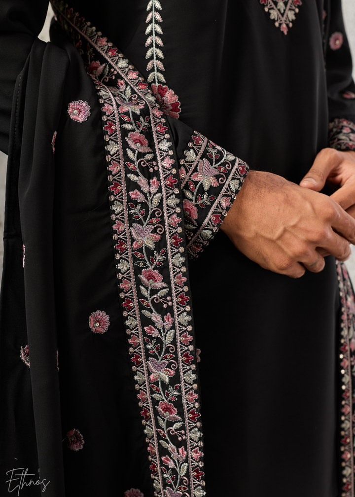 Jet Black Heritage-Embroidered Silk Kurta Traditional Scarf Set