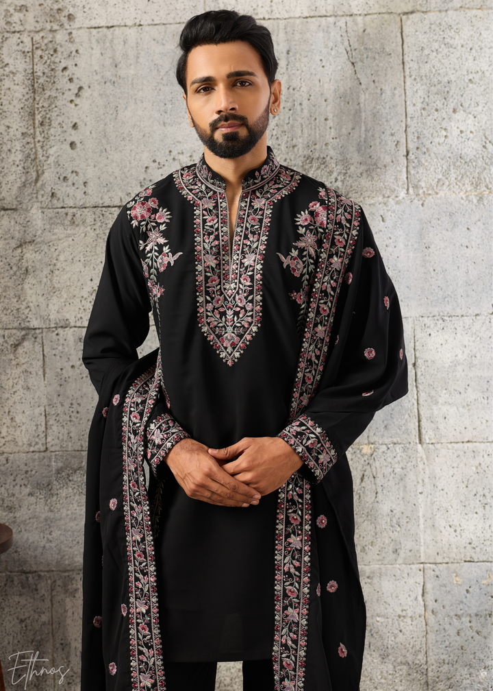 Jet Black Heritage-Embroidered Silk Kurta Traditional Scarf Set