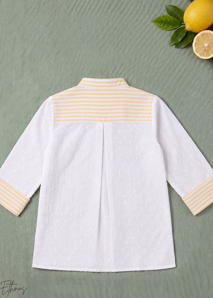 White Lemon Embroidered Organic Cotton Striped Kurta Pajama Set