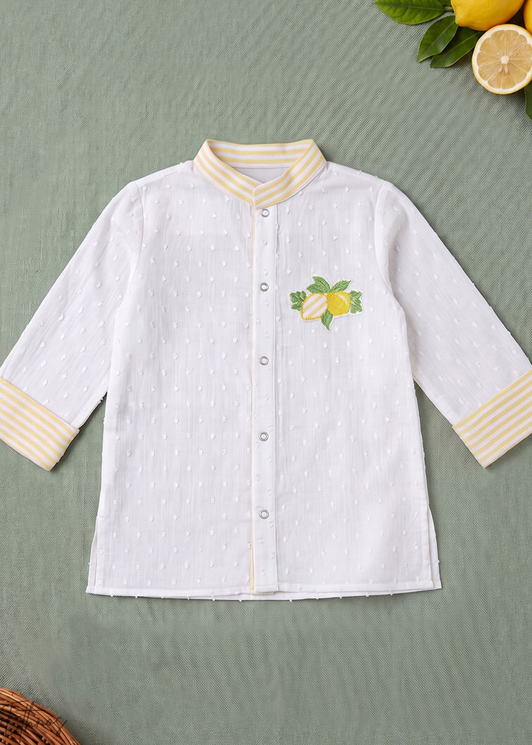 White Lemon Embroidered Organic Cotton Striped Kurta Pajama Set