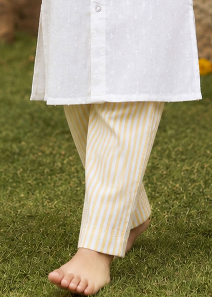 White Lemon Embroidered Organic Cotton Striped Kurta Pajama Set