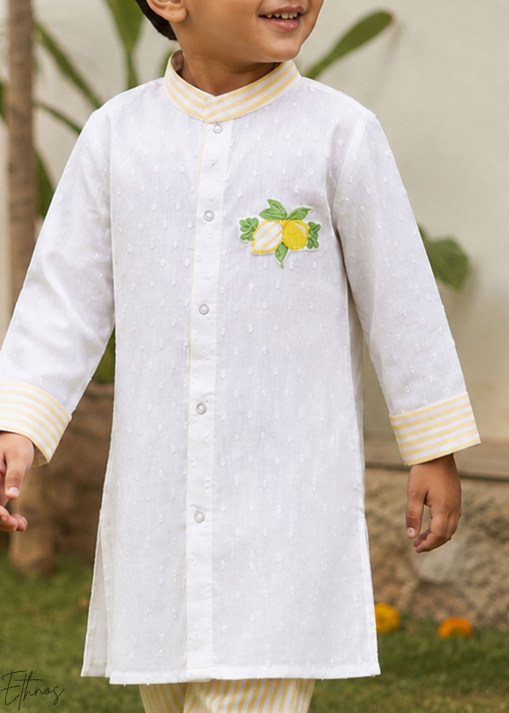 White Lemon Embroidered Organic Cotton Striped Kurta Pajama Set