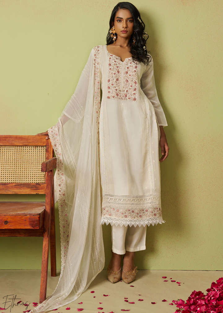 White Meadow Embroidered Organza Palazzo Suit