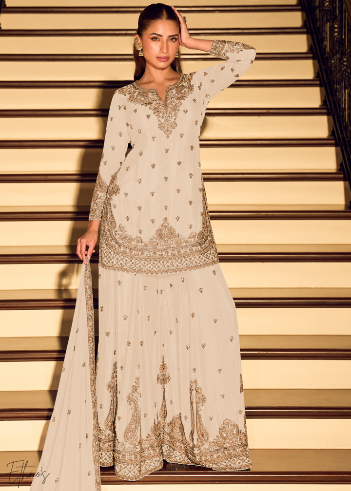 White Chinon Silk Sharara Suit