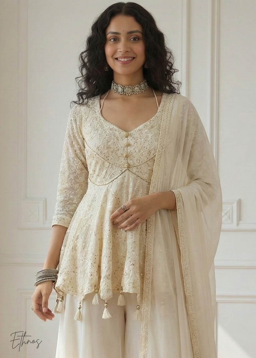 White Georgette Anarkali Palazzo Suit