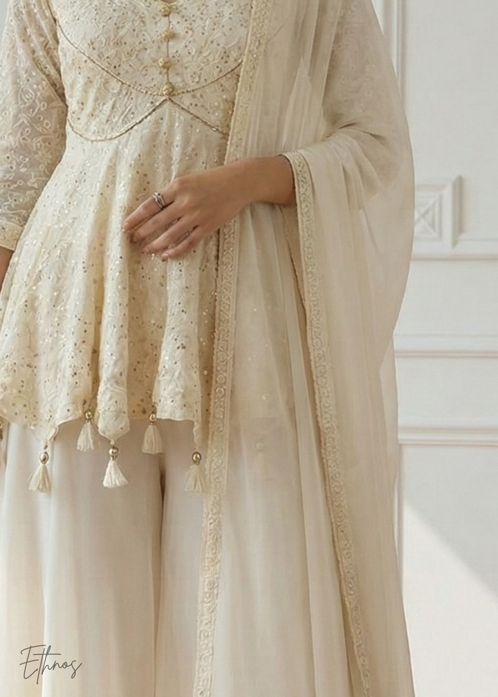 White Georgette Anarkali Palazzo Suit