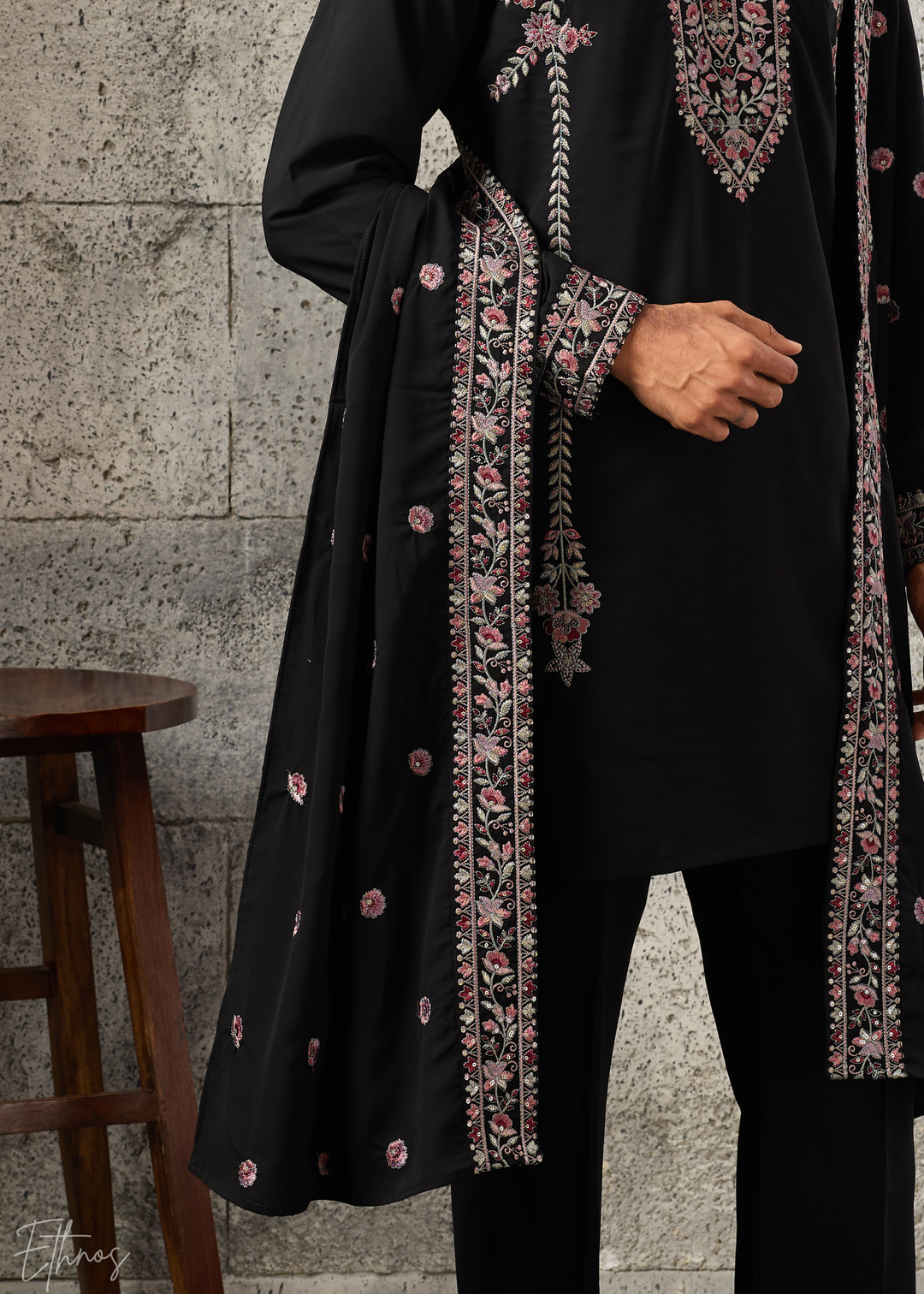 Jet Black Heritage-Embroidered Silk Kurta Traditional Scarf Set
