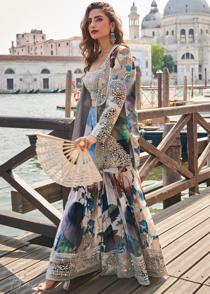 Grey Jacket Chinon Sharara Choli Suit