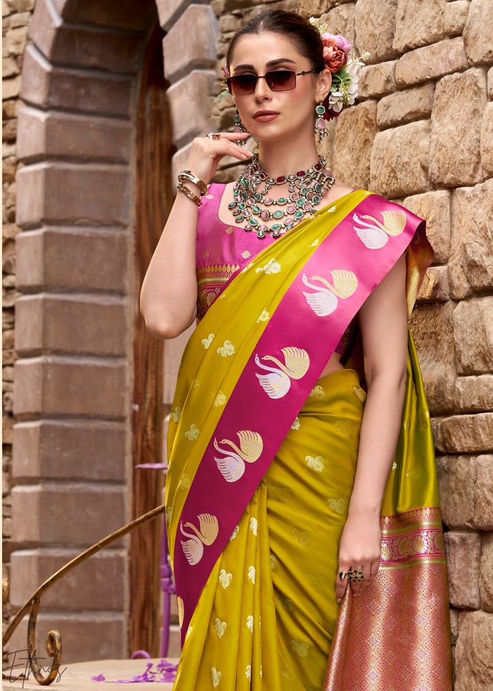 Wild Marigold Ethereal Swan Satin Silk Saree