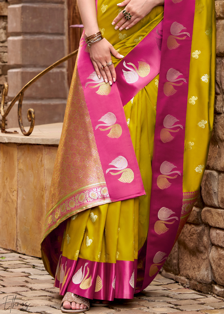 Wild Marigold Ethereal Swan Satin Silk Saree