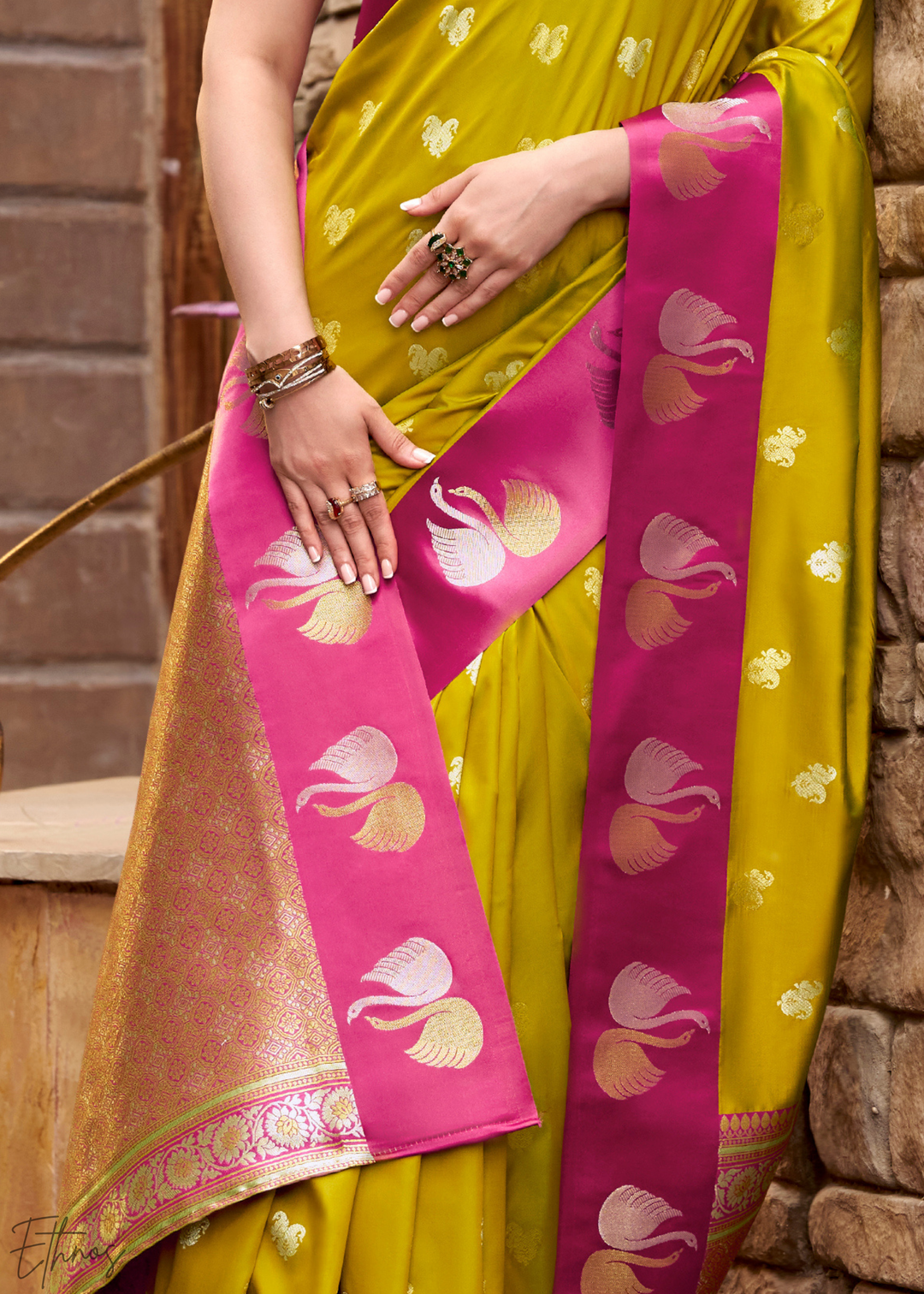 Wild Marigold Ethereal Swan Satin Silk Saree