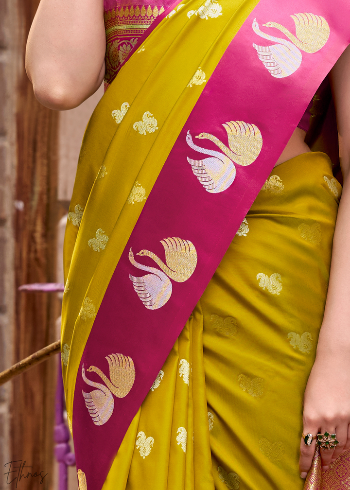 Wild Marigold Ethereal Swan Satin Silk Saree