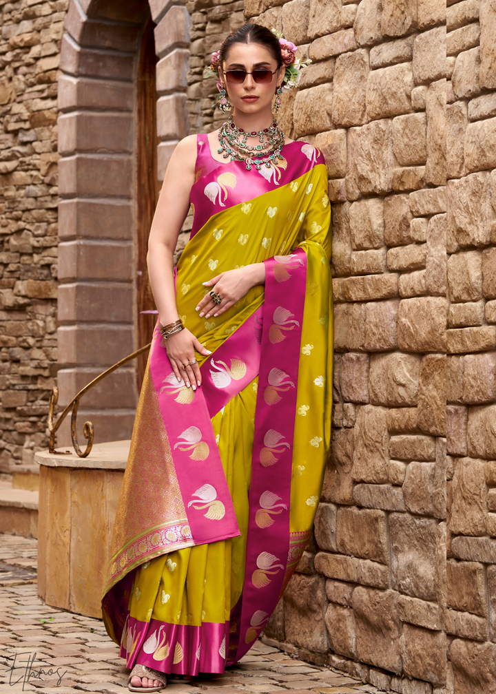 Wild Marigold Ethereal Swan Satin Silk Saree