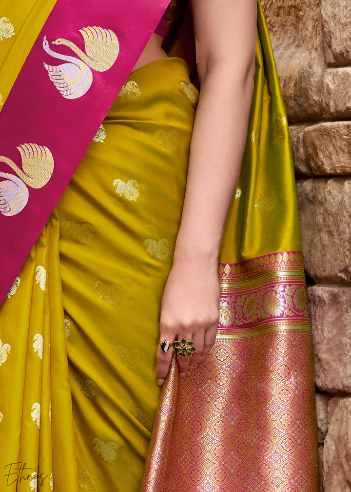 Wild Marigold Ethereal Swan Satin Silk Saree