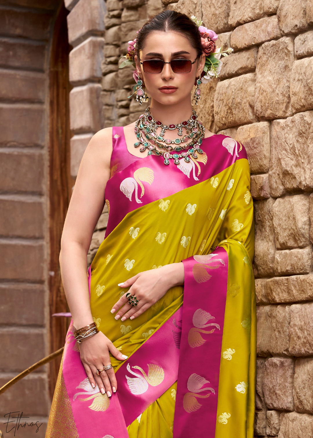Wild Marigold Ethereal Swan Satin Silk Saree