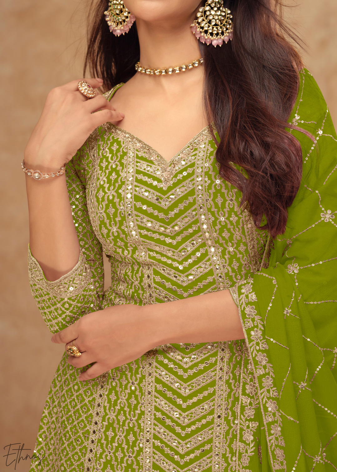 Wild Olive Sequins Chinon Palazzo Suit