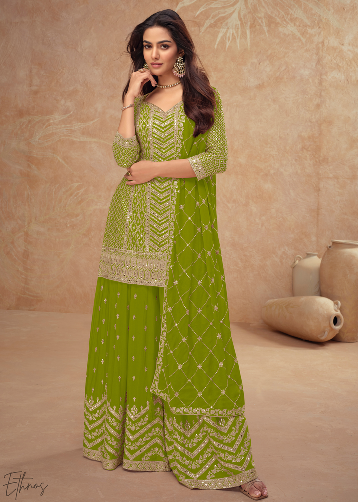 Wild Olive Sequins Chinon Palazzo Suit