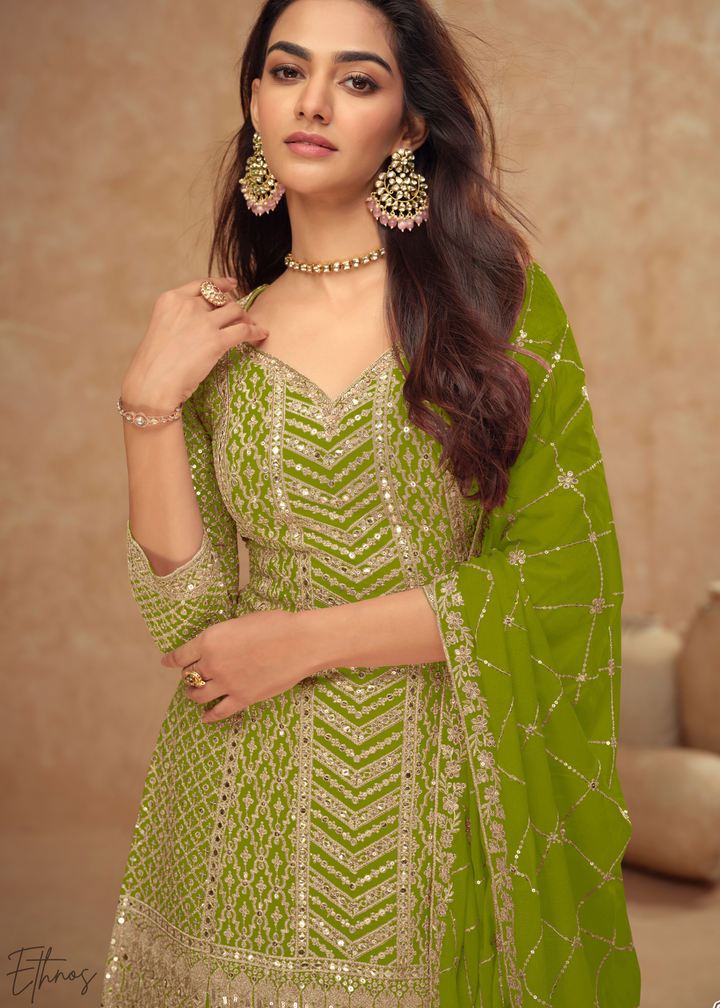 Wild Olive Sequins Chinon Palazzo Suit