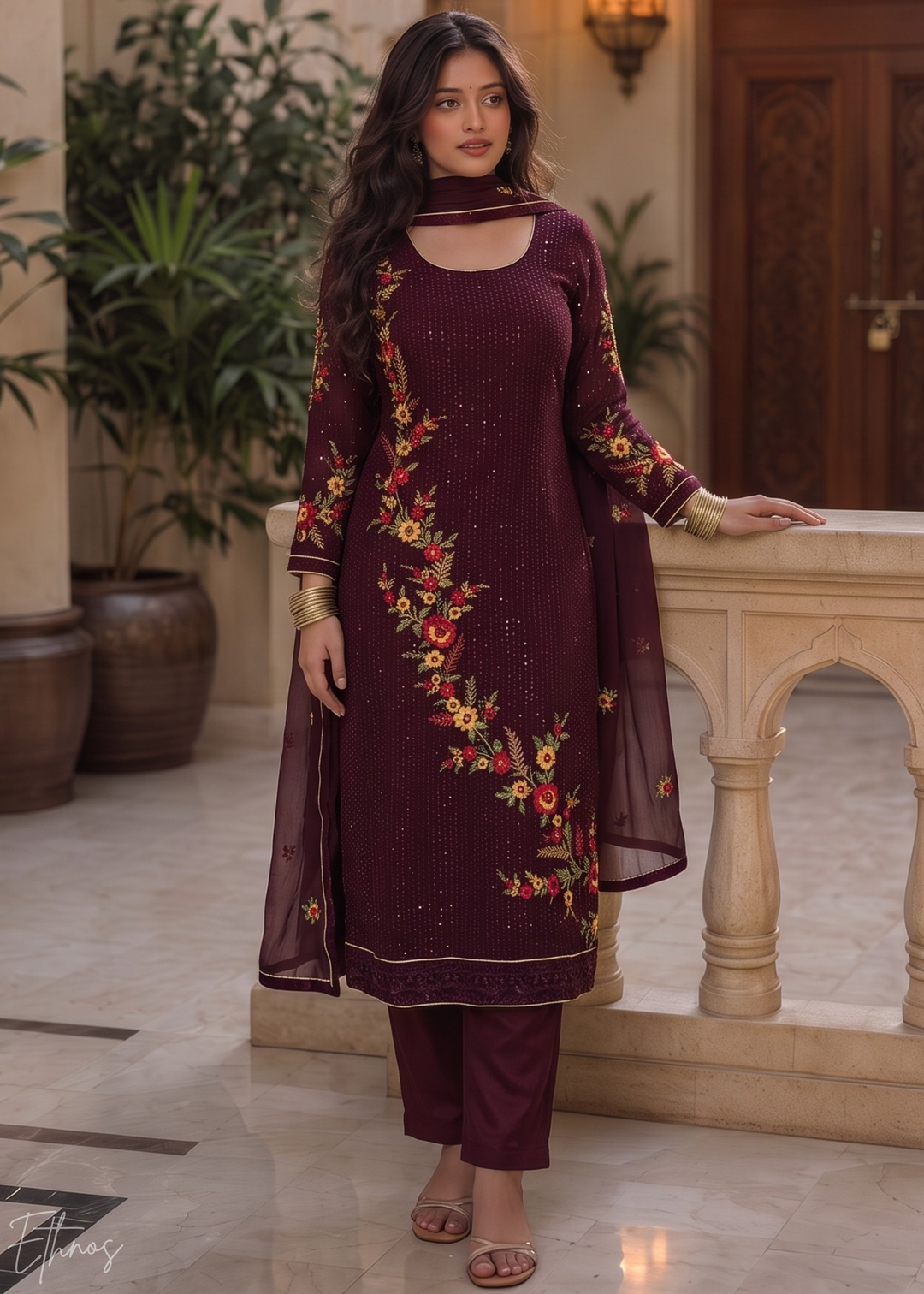 Wine Burgundy Floral Embroidered Georgette Suit